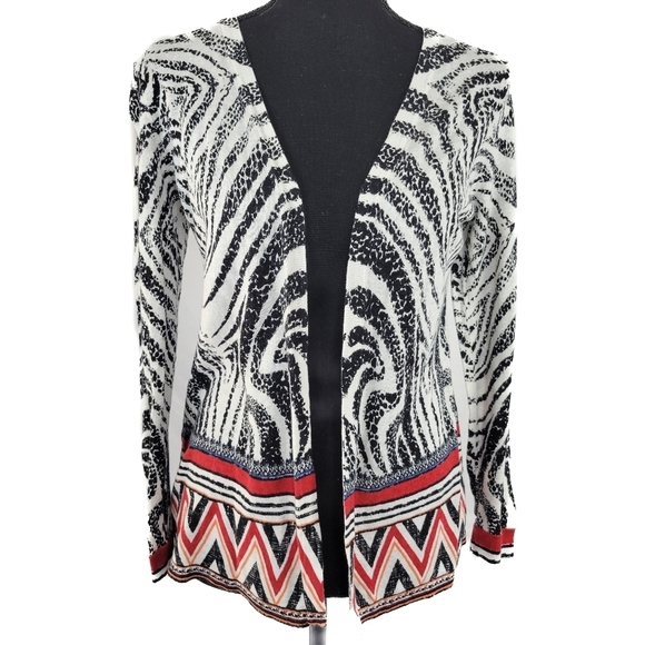 CHICOS Open Front Cardigan Tribal Animal Print Linen Cotton Blend - Picture 1 of 9